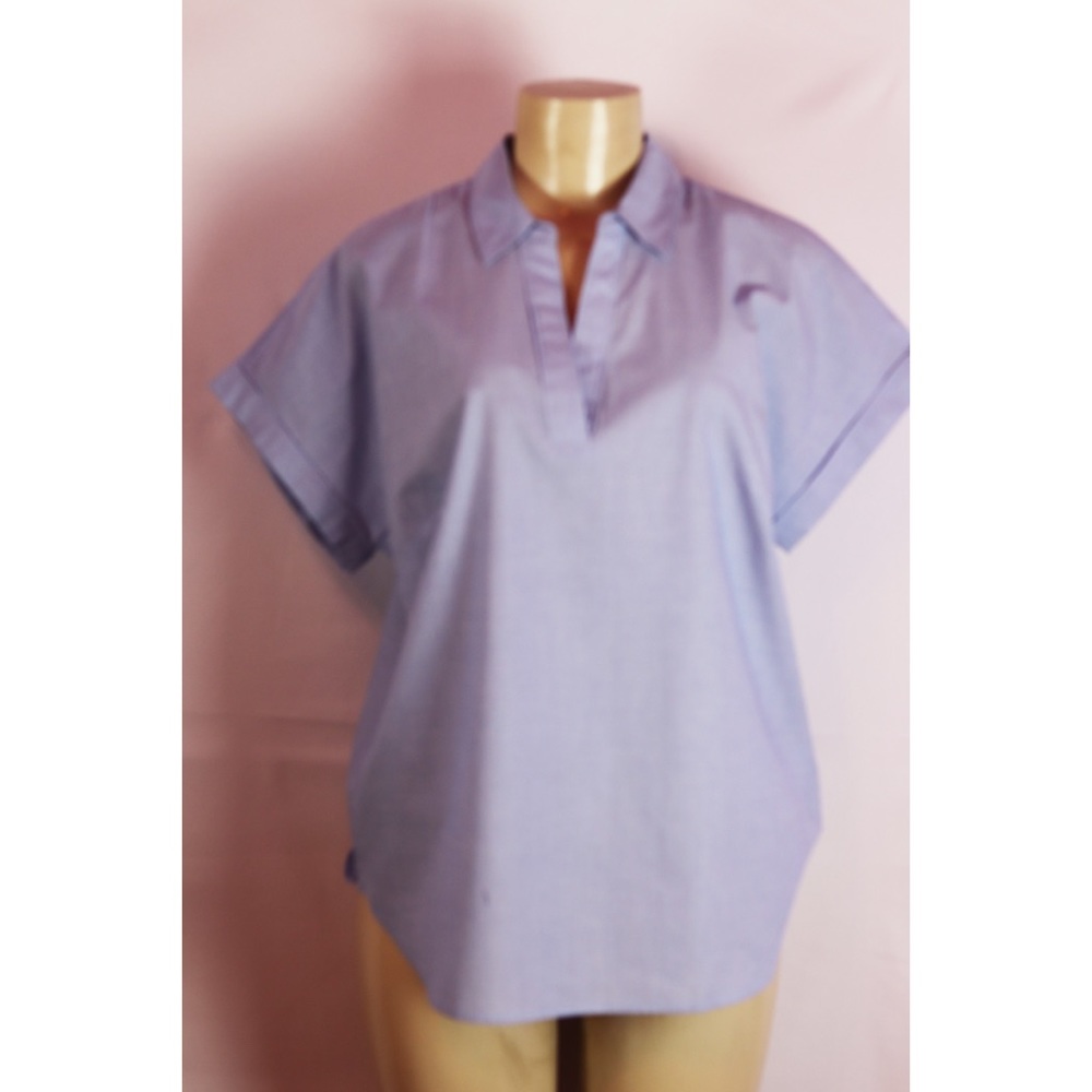 TALBOTS BLUE V NECK CAP SLEEVE WOVEN BLOUSE LP
